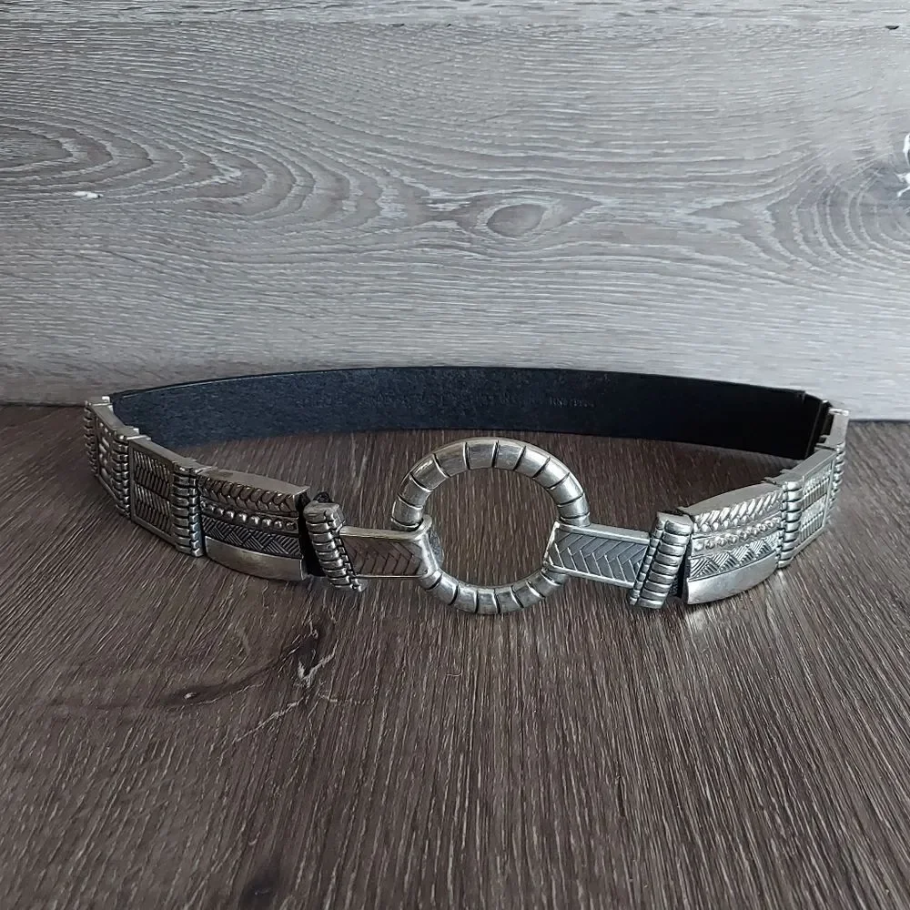 Chicos Black Leather Belt w/ Heavy Silver Black Blocks on Elastic sz Small